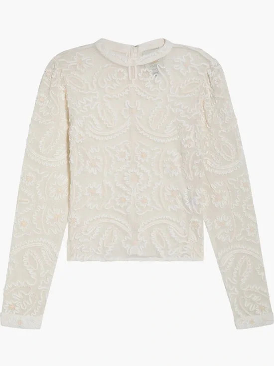 FARM Rio Ivory Sheer Embroidered Mock-Neck Blouse - Picture 5 of 6